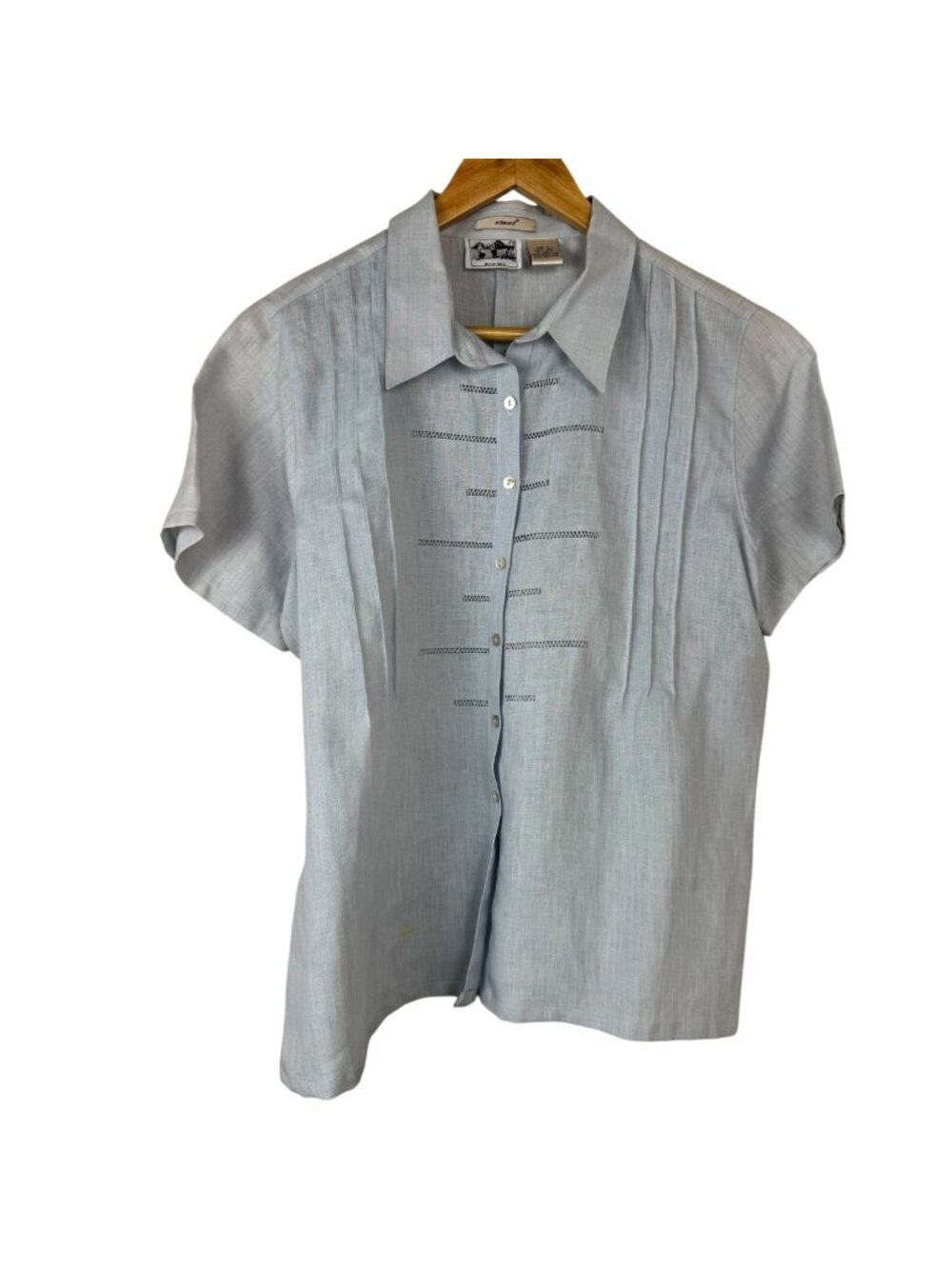 Edward 100% Irish Linen Blouse Shirt Pale Blue Lrg Vintage Tie Back Casual Flaws